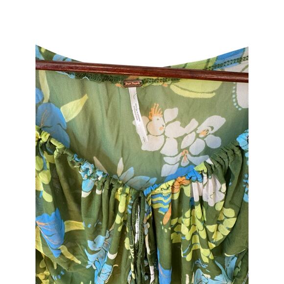 FREE PEOPLE Of Paradise Top Palm Combo Mesh Rouched Blouse Revolve EUC Sz Small - Picture 5 of 9